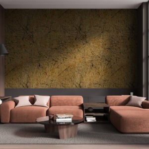Wandpaneel Gold Crack, Wandpanelen. Aan muur gemonteerd in woonkamer achter een bank.