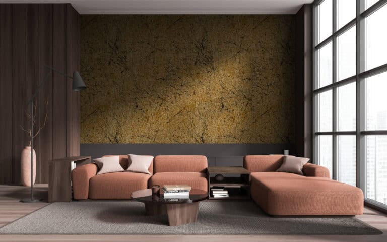 Wandpaneel Gold Crack, Wandpanelen. Aan muur gemonteerd in woonkamer achter een bank.