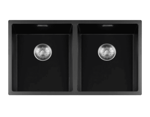 Lorreine 3434BQ-FU-Inox Luxe Dubbele Keukenspoelbak Graniet Zwart Met Korfplug RVS 34 x 40 + 34 x 40 Vlakbouw Of Onderbouw