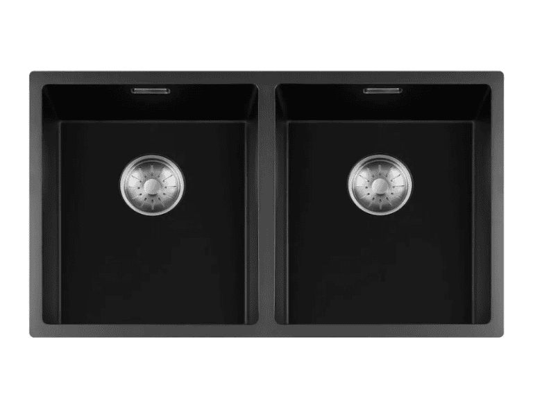 Lorreine 3434BQ-FU-Inox Luxe Dubbele Keukenspoelbak Graniet Zwart Met Korfplug RVS 34 x 40 + 34 x 40 Vlakbouw Of Onderbouw