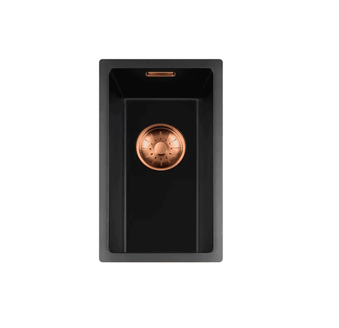 Lorreine 17BQ-FU-Copper Luxe Enkele Keukenspoelbak Graniet Zwart Met Korfplug Copper 17 x 40 Vlakbouw Of Onderbouw