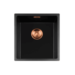 Lorreine 34BQ-FU-Copper Luxe Enkele Keukenspoelbak Graniet Zwart Met Korfplug Copper 34 x 40 Vlakbouw Of Onderbouw