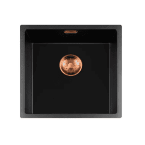 Lorreine 40BQ-FU-Copper Luxe Enkele Keukenspoelbak Graniet Zwart Met Korfplug Copper 40 x 40 Vlakbouw Of Onderbouw