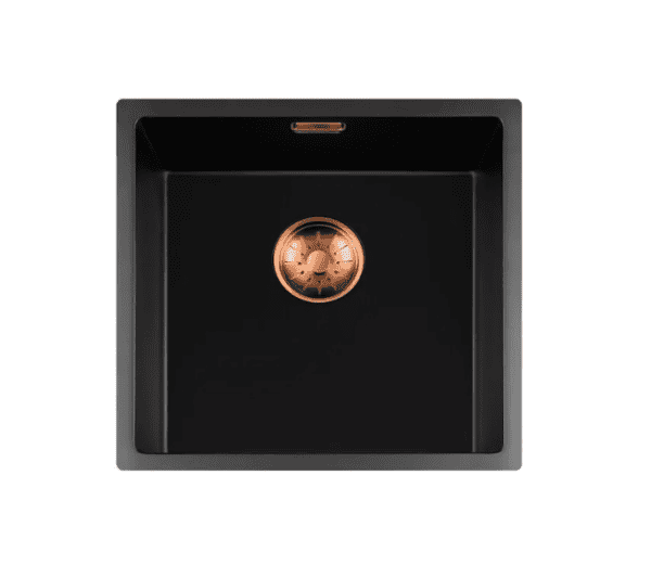 Lorreine 40BQ-FU-Copper Luxe Enkele Keukenspoelbak Graniet Zwart Met Korfplug Copper 40 x 40 Vlakbouw Of Onderbouw