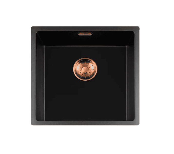 Lorreine 40BQ-FU-Copper Luxe Enkele Keukenspoelbak Graniet Zwart Met Korfplug Copper 40 x 40 Vlakbouw Of Onderbouw
