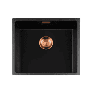 Lorreine 45BQ-FU-Copper Luxe Enkele Keukenspoelbak Graniet Zwart Met Korfplug Copper 45 x 40 Vlakbouw Of Onderbouw