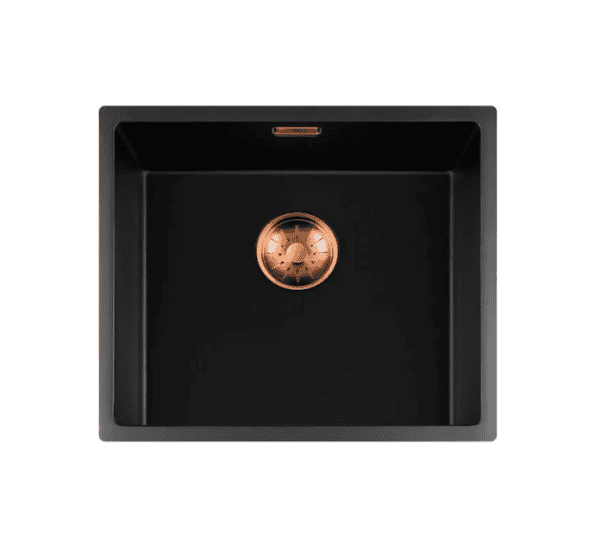 Lorreine 45BQ-FU-Copper Luxe Enkele Keukenspoelbak Graniet Zwart Met Korfplug Copper 45 x 40 Vlakbouw Of Onderbouw