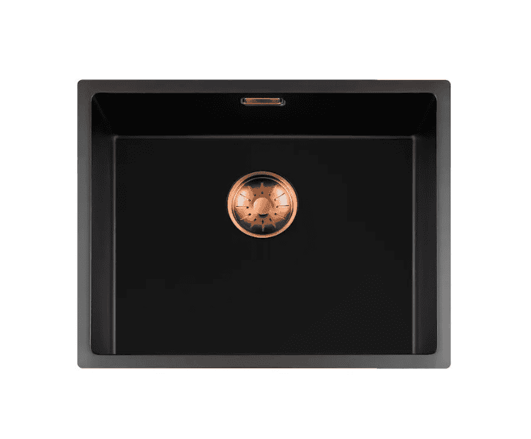 Lorreine 50BQ-FU-Copper Luxe Enkele Keukenspoelbak Graniet Zwart Met Korfplug Copper 50 x 40 Vlakbouw Of Onderbouw