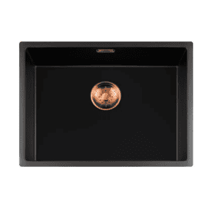 Lorreine 55BQ-FU-Copper Luxe Enkele Keukenspoelbak Graniet Zwart Met Korfplug Copper 55 x 40 Vlakbouw Of Onderbouw