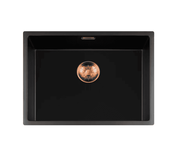 Lorreine 55BQ-FU-Copper Luxe Enkele Keukenspoelbak Graniet Zwart Met Korfplug Copper 55 x 40 Vlakbouw Of Onderbouw