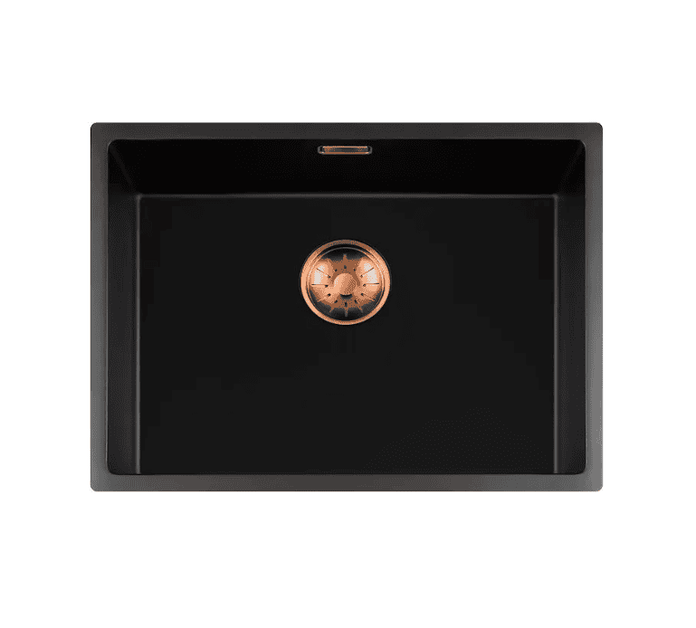 Lorreine 55BQ-FU-Copper Luxe Enkele Keukenspoelbak Graniet Zwart Met Korfplug Copper 55 x 40 Vlakbouw Of Onderbouw