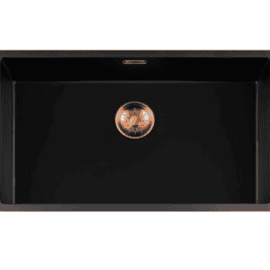 Lorreine 74BQ-FU-Copper Luxe Enkele Keukenspoelbak Graniet Zwart Met Korfplug Copper 74 x 40 Vlakbouw Of Onderbouw