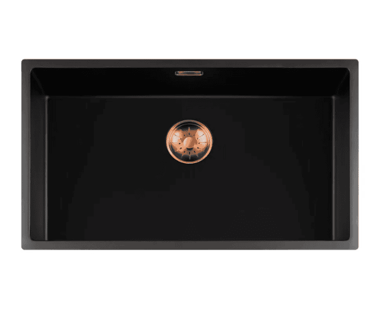 Lorreine 74BQ-FU-Copper Luxe Enkele Keukenspoelbak Graniet Zwart Met Korfplug Copper 74 x 40 Vlakbouw Of Onderbouw