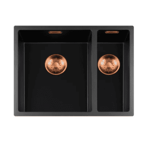 Lorreine 3415BQ-FU-Copper Luxe Anderhalve Keukenspoelbak Graniet Zwart Met Korfplug Copper 34 x 40 + 15 x 40 Vlakbouw Of Onderbouw