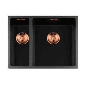 Lorreine 1534BQ-FU-Copper Luxe Anderhalve Keukenspoelbak Graniet Zwart Met Korfplug Copper 15 x 40 + 34 x 40 Vlakbouw Of Onderbouw
