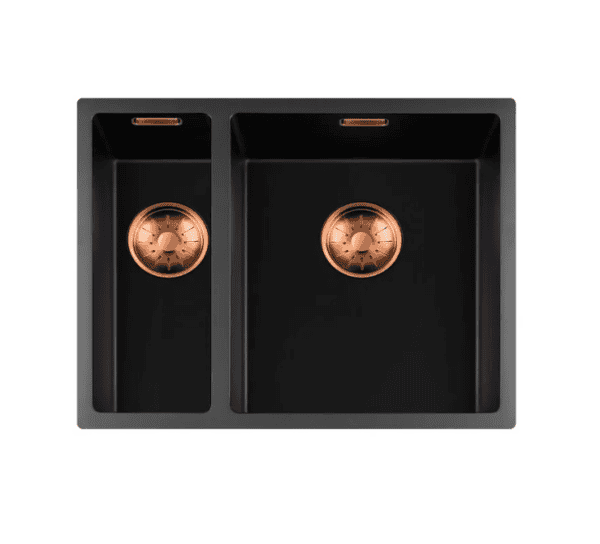 Lorreine 1534BQ-FU-Copper Luxe Anderhalve Keukenspoelbak Graniet Zwart Met Korfplug Copper 15 x 40 + 34 x 40 Vlakbouw Of Onderbouw
