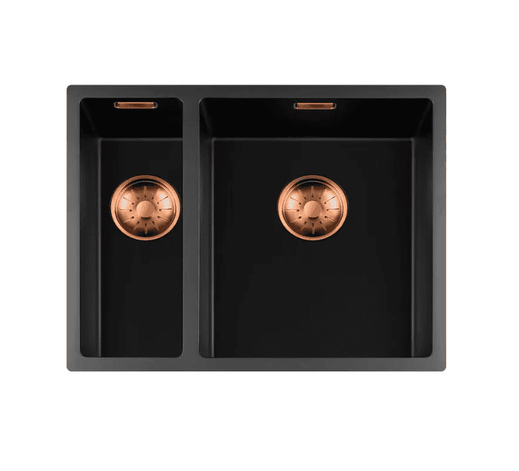 Lorreine 1534BQ-FU-Copper Luxe Anderhalve Keukenspoelbak Graniet Zwart Met Korfplug Copper 15 x 40 + 34 x 40 Vlakbouw Of Onderbouw
