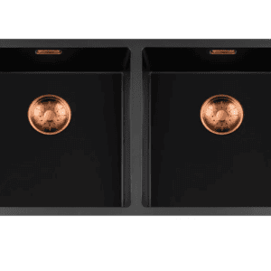 Lorreine 4040BQ-FU-Copper Luxe Dubbele Keukenspoelbak Graniet Zwart Met Korfplug Copper 40 x 40 + 40 x 40 Vlakbouw Of Onderbouw