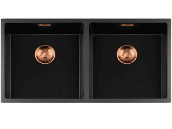 Lorreine 4040BQ-FU-Copper Luxe Dubbele Keukenspoelbak Graniet Zwart Met Korfplug Copper 40 x 40 + 40 x 40 Vlakbouw Of Onderbouw