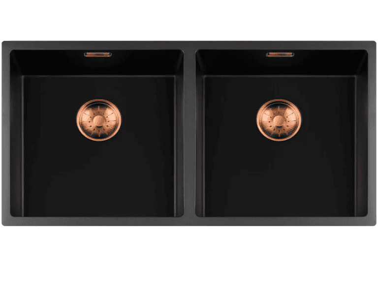 Lorreine 4040BQ-FU-Copper Luxe Dubbele Keukenspoelbak Graniet Zwart Met Korfplug Copper 40 x 40 + 40 x 40 Vlakbouw Of Onderbouw