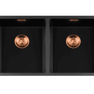 Lorreine 3434BQ-FU-Copper Luxe Dubbele Keukenspoelbak Graniet Zwart Met Korfplug Copper 34 x 40 + 34 x 40 Vlakbouw Of Onderbouw