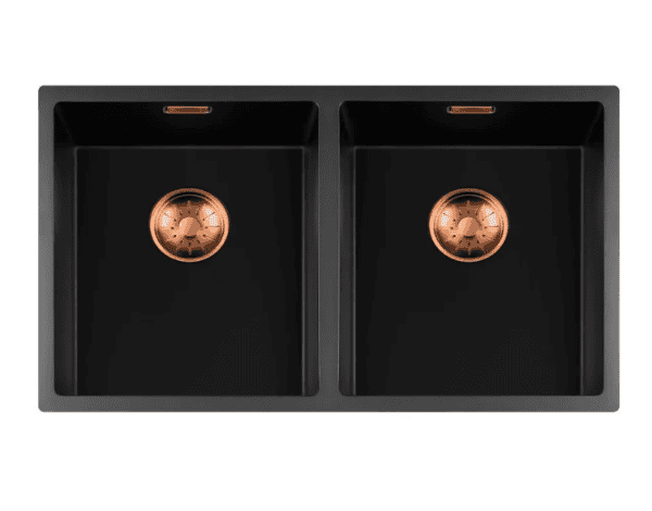 Lorreine 3434BQ-FU-Copper Luxe Dubbele Keukenspoelbak Graniet Zwart Met Korfplug Copper 34 x 40 + 34 x 40 Vlakbouw Of Onderbouw