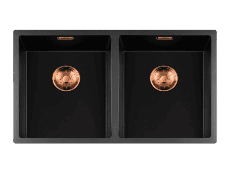 Lorreine 3434BQ-FU-Copper Luxe Dubbele Keukenspoelbak Graniet Zwart Met Korfplug Copper 34 x 40 + 34 x 40 Vlakbouw Of Onderbouw