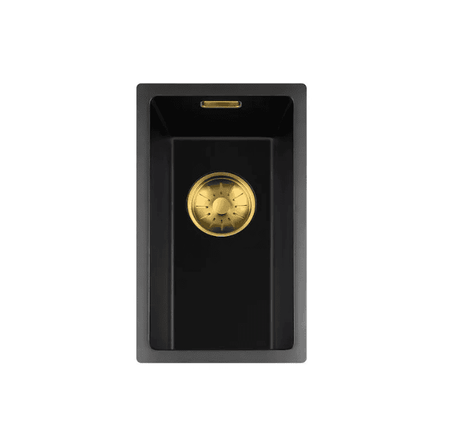 Lorreine 17BQ-FU-Gold Luxe Enkele Keukenspoelbak Graniet Zwart Met Korfplug Goud 17 x 40 Vlakbouw Of Onderbouw