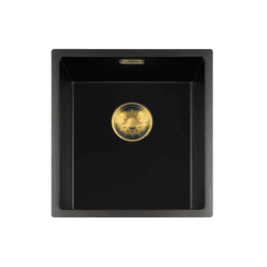 Lorreine 34BQ-FU-Gold Luxe Enkele Keukenspoelbak Graniet Zwart Met Korfplug Goud 34 x 40 Vlakbouw Of Onderbouw
