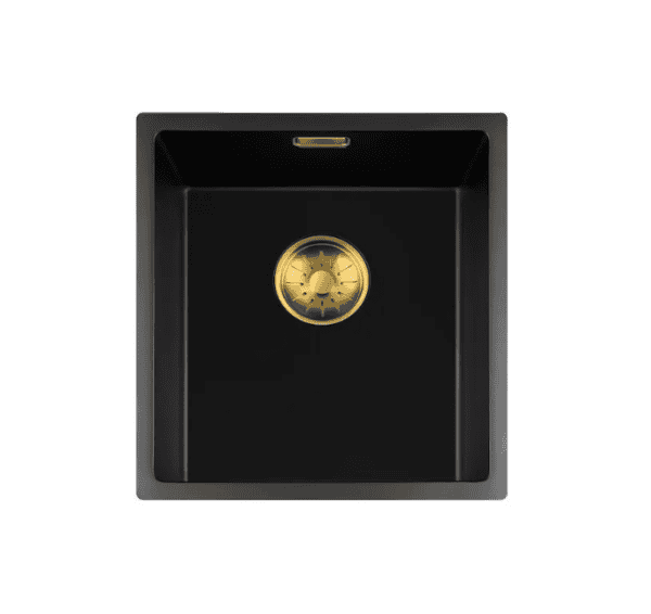 Lorreine 34BQ-FU-Gold Luxe Enkele Keukenspoelbak Graniet Zwart Met Korfplug Goud 34 x 40 Vlakbouw Of Onderbouw