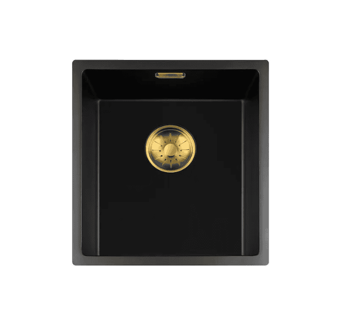 Lorreine 34BQ-FU-Gold Luxe Enkele Keukenspoelbak Graniet Zwart Met Korfplug Goud 34 x 40 Vlakbouw Of Onderbouw