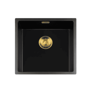 Lorreine 40BQ-FU-Gold Luxe Enkele Keukenspoelbak Graniet Zwart Met Korfplug Goud 40 x 40 Vlakbouw Of Onderbouw