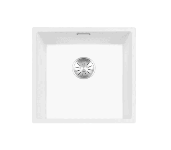 Lorreine 40WQ-FU-Inox Luxe Enkele Keukenspoelbak Graniet Wit Met Korfplug RVS 40 x 40 Onderbouw Of Vlakbouw