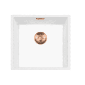 Lorreine 40WQ-FU-Copper Luxe Enkele Keukenspoelbak Graniet Wit Met Korfplug Copper 40 x 40 Onderbouw Of Vlakbouw