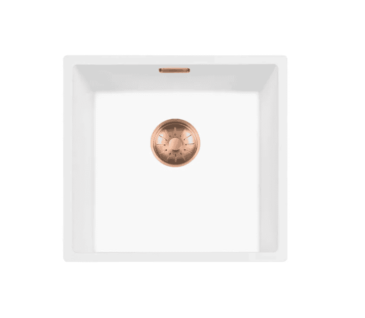 Lorreine 40WQ-FU-Copper Luxe Enkele Keukenspoelbak Graniet Wit Met Korfplug Copper 40 x 40 Onderbouw Of Vlakbouw