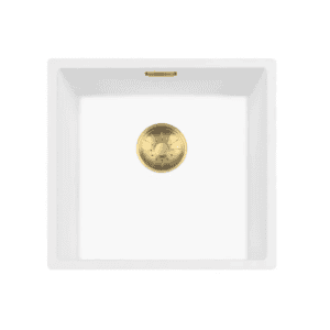 Lorreine 40WQ-FU-Gold Luxe Enkele Keukenspoelbak Graniet Wit Met Korfplug Goud 40 x 40 Onderbouw Of Vlakbouw