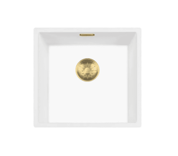 Lorreine 40WQ-FU-Gold Luxe Enkele Keukenspoelbak Graniet Wit Met Korfplug Goud 40 x 40 Onderbouw Of Vlakbouw