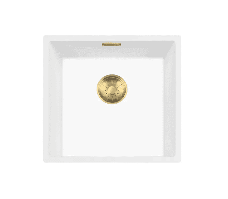 Lorreine 40WQ-FU-Gold Luxe Enkele Keukenspoelbak Graniet Wit Met Korfplug Goud 40 x 40 Onderbouw Of Vlakbouw