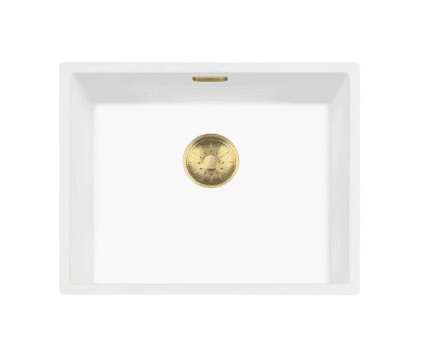 Lorreine 50WQ-FU-Gold Luxe Enkele Keukenspoelbak Graniet Wit Met Korfplug Goud 50 x 40 Vlakbouw Of Onderbouw