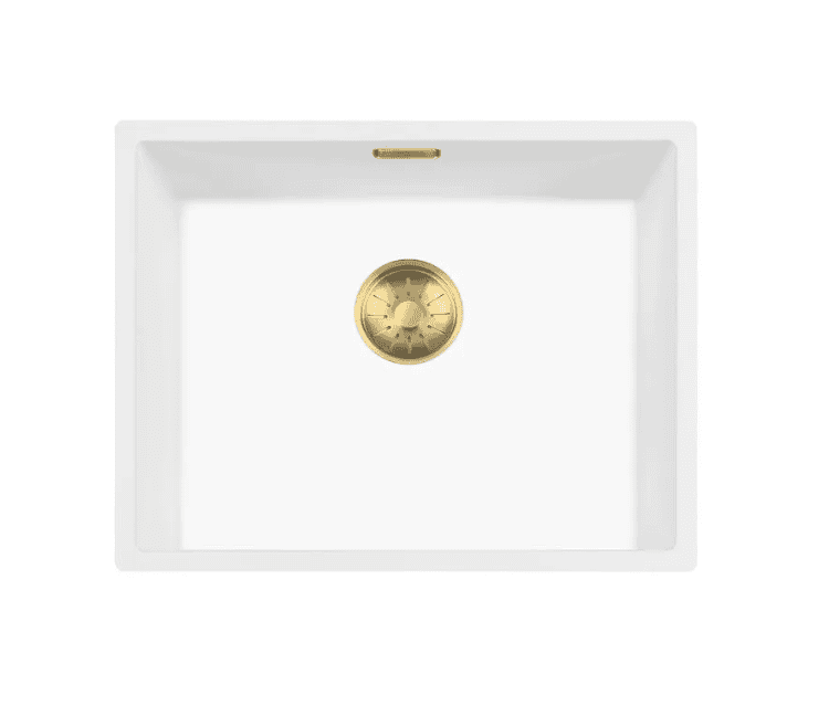 Lorreine 50WQ-FU-Gold Luxe Enkele Keukenspoelbak Graniet Wit Met Korfplug Goud 50 x 40 Vlakbouw Of Onderbouw