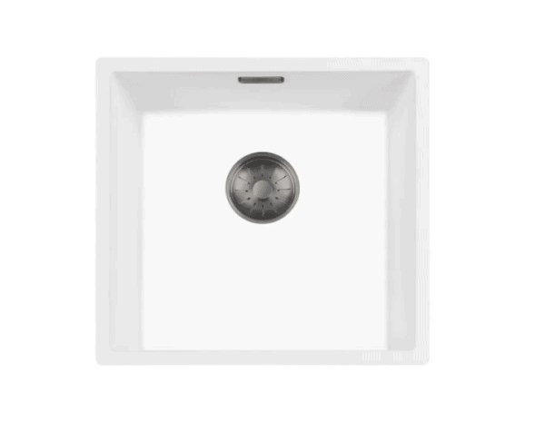 Lorreine 40WQ-FU-Gunmetal Luxe Enkele Keukenspoelbak Graniet Wit Met Korfplug Gun Metal 40 x 40 Onderbouw Of Vlakbouw