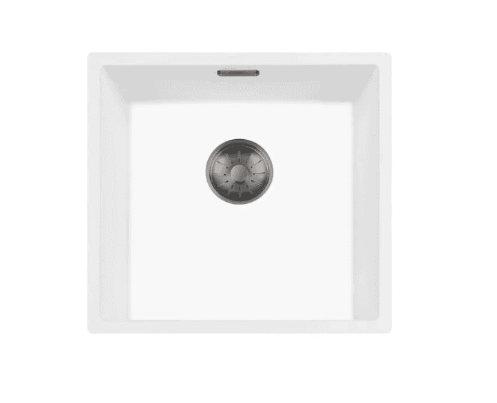 Lorreine 40WQ-FU-Gunmetal Luxe Enkele Keukenspoelbak Graniet Wit Met Korfplug Gun Metal 40 x 40 Onderbouw Of Vlakbouw