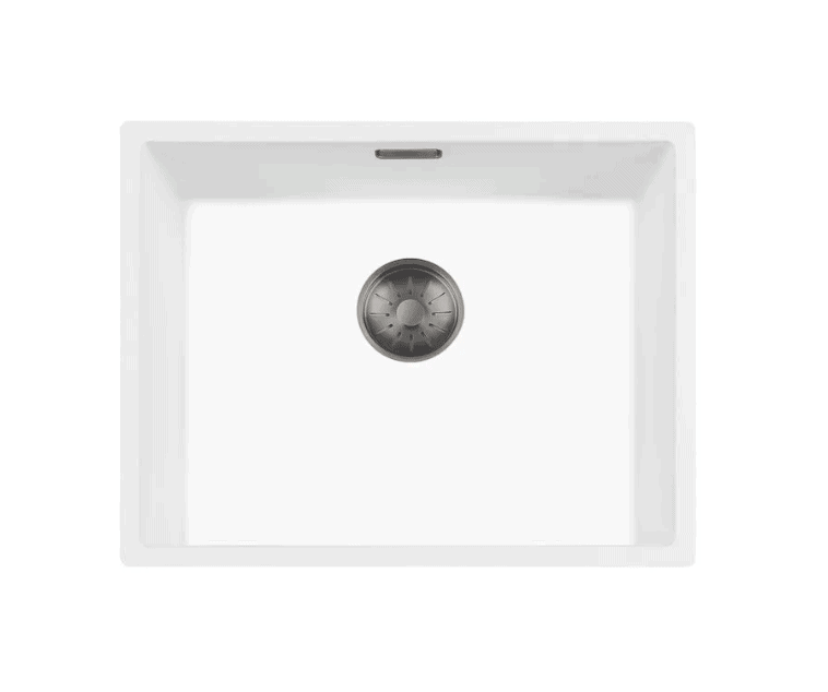 Lorreine 50WQ-FU-Gunmetal Luxe Enkele Keukenspoelbak Graniet Wit Met Korfplug Gun Metal 50 x 40 Vlakbouw Of Onderbouw