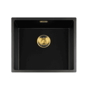 Lorreine 45BQ-FU-Gold Luxe Enkele Keukenspoelbak Graniet Zwart Met Korfplug Goud 45 x 40 Vlakbouw Of Onderbouw