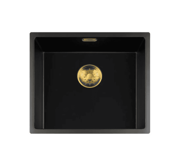 Lorreine 45BQ-FU-Gold Luxe Enkele Keukenspoelbak Graniet Zwart Met Korfplug Goud 45 x 40 Vlakbouw Of Onderbouw
