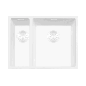 Lorreine 1534WQ-FU Luxe Anderhalve Keukenspoelbak Rechts Graniet Wit Met Korfplug Wit 15 x 40 + 34 x 40 Vlakbouw Of Onderbouw