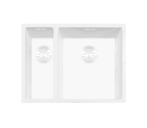 Lorreine 1534WQ-FU Luxe Anderhalve Keukenspoelbak Rechts Graniet Wit Met Korfplug Wit 15 x 40 + 34 x 40 Vlakbouw Of Onderbouw