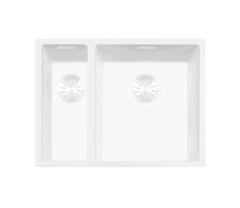 Lorreine 1534WQ-FU Luxe Anderhalve Keukenspoelbak Rechts Graniet Wit Met Korfplug Wit 15 x 40 + 34 x 40 Vlakbouw Of Onderbouw