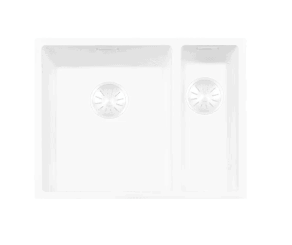 Lorreine 3415WQ-FU Luxe Anderhalve Keukenspoelbak Links Graniet Wit Met Korfplug Wit 34 x 40 + 15 x 40 Vlakbouw Of Onderbouw
