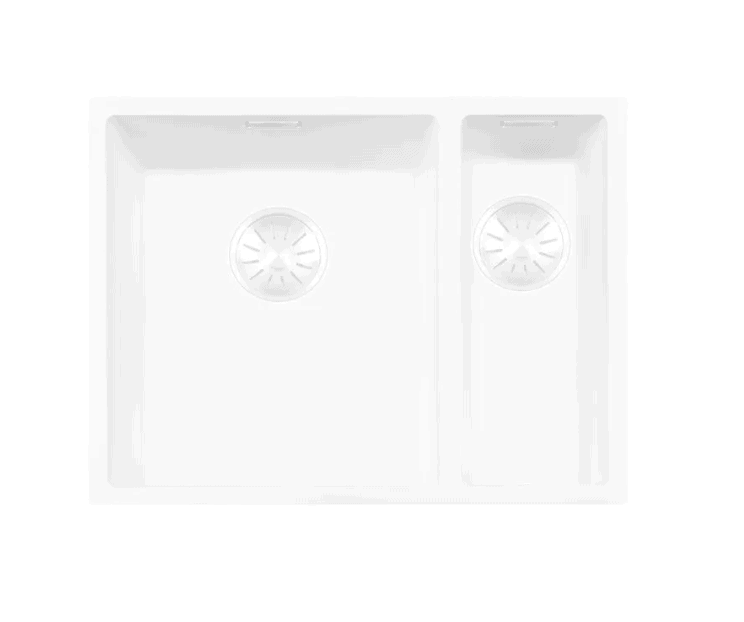 Lorreine 3415WQ-FU Luxe Anderhalve Keukenspoelbak Links Graniet Wit Met Korfplug Wit 34 x 40 + 15 x 40 Vlakbouw Of Onderbouw